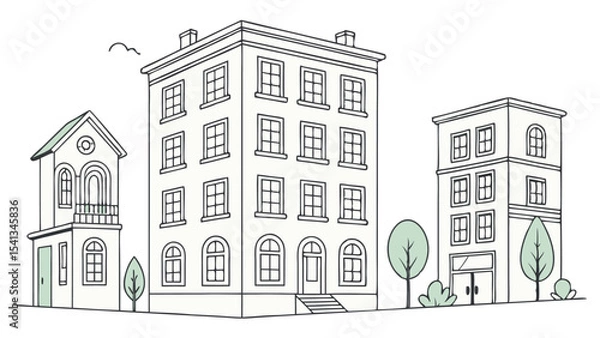 Fototapeta Vector art of a charming row of buildings, isolated on transparent background, features a quaint house and taller structures with leafy trees nearby