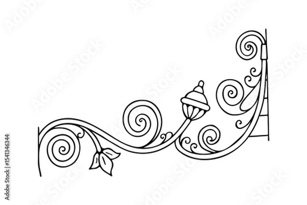 Fototapeta Elegant black and white decorative wrought iron corner design with floral and swirl elements