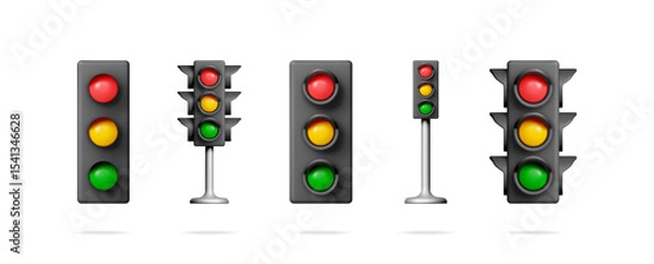 Fototapeta Stock vector collection set of 3d rendering traffic light signs. Red, yellow, green road light for transport or street control.