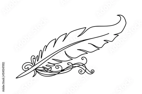 Fototapeta Elegant decorative feather illustration in a simple black outline design on a white background