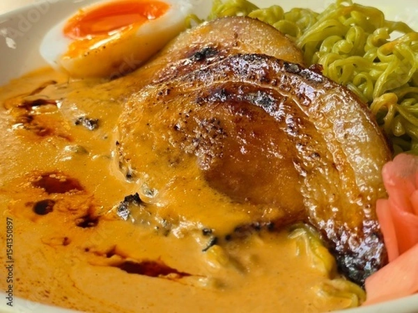 Fototapeta “Green Ramen Noodles in Creamy Pork Broth with Soft Egg and Pickled Ginger”