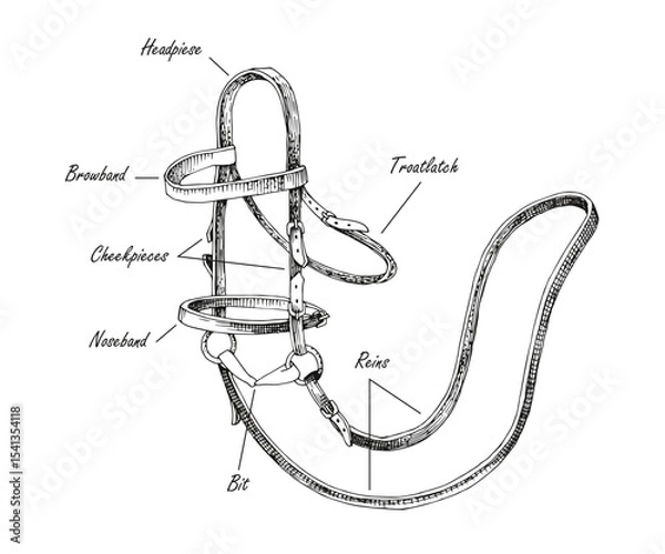 Fototapeta Bridle parts hand drawn vector scheme