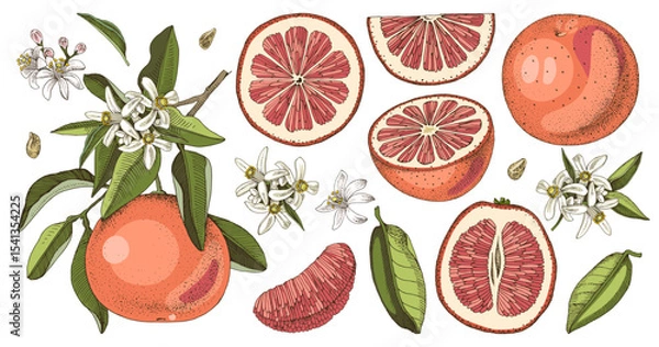 Fototapeta Botanical grapefruit illustrations set vector