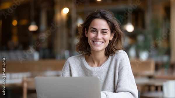 Fototapeta Smiling businesswoman using computer in contemporary coworking space