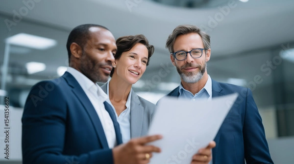 Fototapeta Diverse business team reviewing important documents in modern office corridor