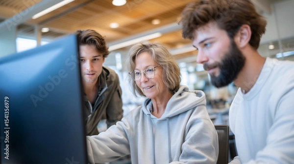 Fototapeta Multi-generational startup team collaborating on laptop in modern office
