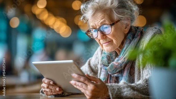 Obraz Elderly woman engaged with digital tablet cozy living room exploring online content warm atmosphere intimate viewpoint lifestyle focus