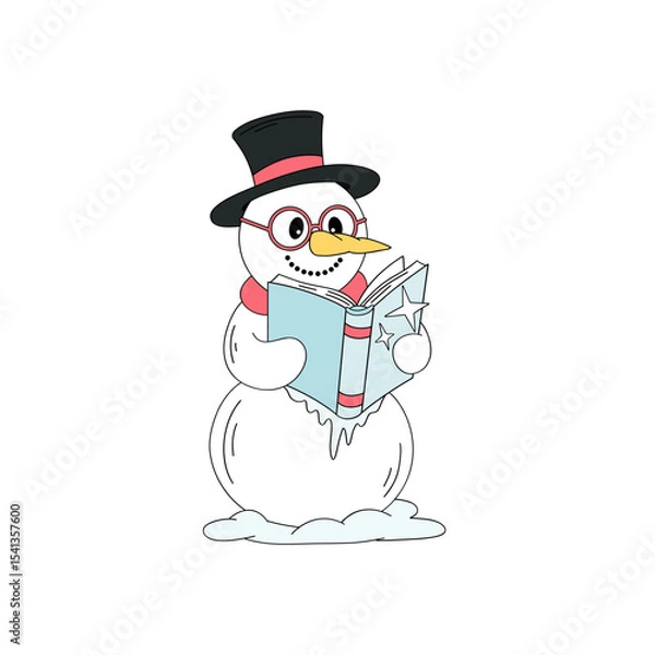 Fototapeta Retro Christmas Snowman Reading Frozen Book in Glasses Cozy Winter vector Illustration isolated on white in Hand Drawn Style. Ideal for holiday greeting cards, winter book themed designs, educational