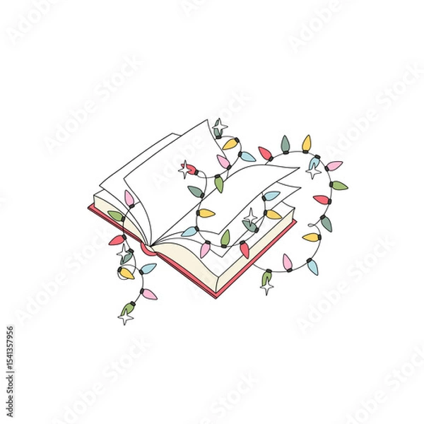 Fototapeta Retro Christmas Open Book Decorated with Festive Garlands in Hand Drawn Style vector illustration isolated on white. Perfect for holiday greeting cards, book themed merchandise, seasonal reading