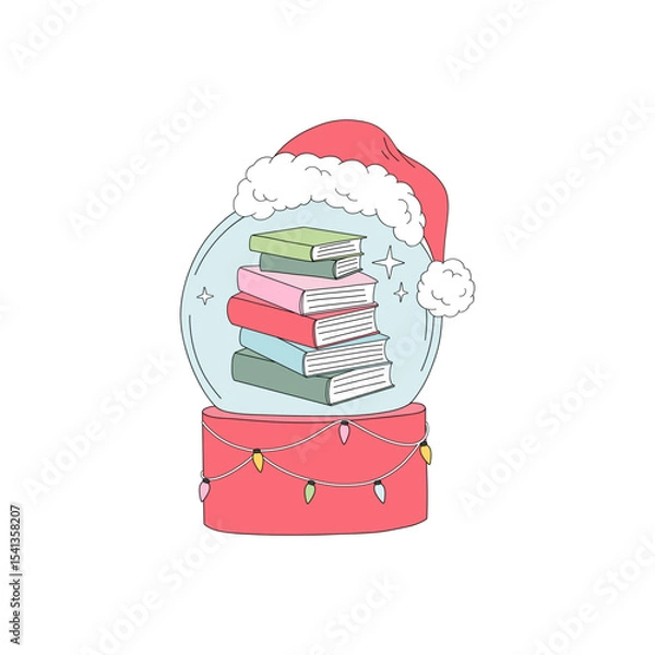 Fototapeta Retro Christmas Snow Globe in Santa Hat with Stack of Books Inside vector illustration isolated on white. Ideal for holiday greeting cards, seasonal book-themed merchandise, cozy winter decor, and