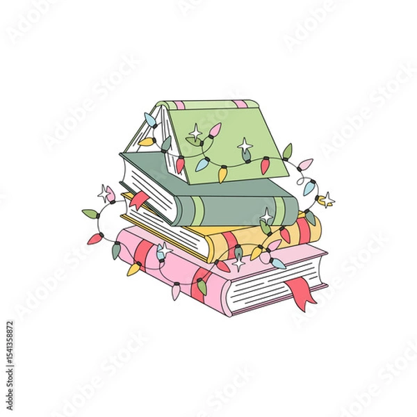 Fototapeta Retro Christmas Book Stack Decorated with Festive Garlands in Hand Drawn Style vector illustration isolated on white. Ideal for holiday cards, book themed merchandise, winter reading promotions