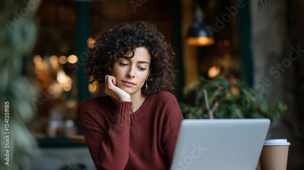 Fototapeta Digital nomad woman concentrating on business project in modern workspace