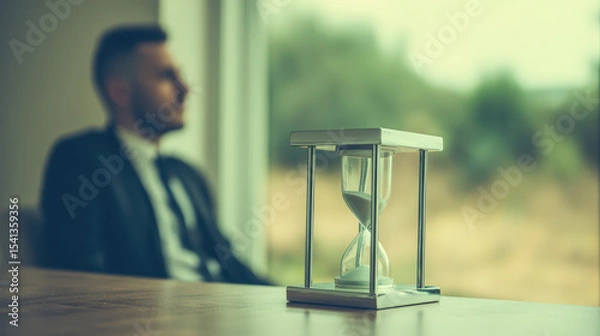 Fototapeta Suited Man Observing Hourglass on Table in Thoughtful Contemplation