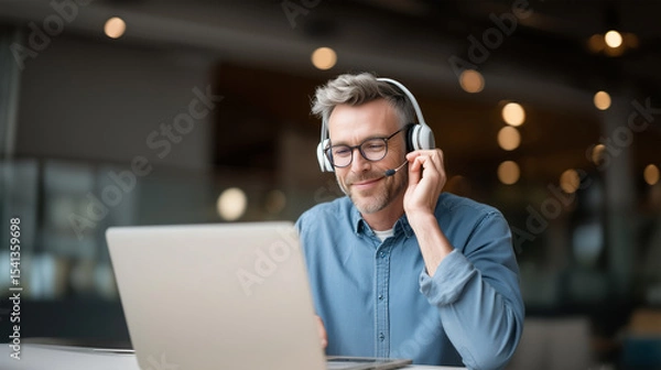 Fototapeta Professional businessman conducting virtual meeting with headset in modern workspace