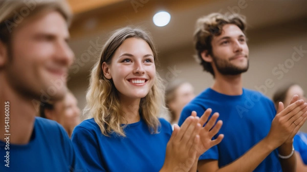Fototapeta Enthusiastic startup team applauding at business conference event