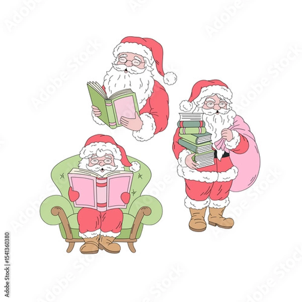 Fototapeta Retro Christmas Santa Claus characters Reading, Holding Books with a Holiday Gift Sack vector illustration set isolated on white. Great for festive greeting cards, festive book themed merchandise