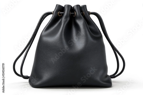 Obraz Black leather drawstring bag centered against a white backdrop