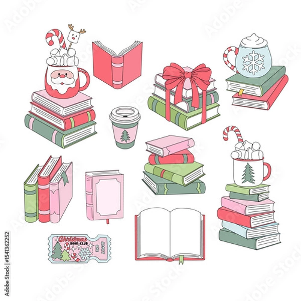 Fototapeta Retro Christmas Book Stacks, Holiday Mugs with marshmallow, festive Book Club Ticket vector Illustration set isolated on white. Ideal for seasonal greeting cards, winter reading promotions, cozy book