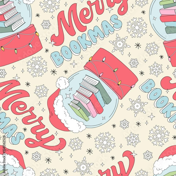 Fototapeta Retro Snow Globe in Santa hat with pile of books inside vector Seamless Pattern with Merry Chirstmas wordplay on Pastel Yellow. Perfect for festive wrapping paper, holiday cards, book-themed gifts