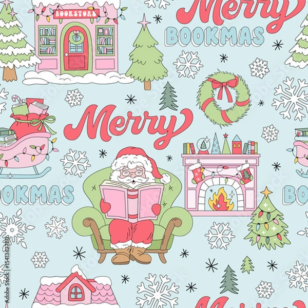 Fototapeta Retro Christmas with Santa Reading, Bookstore, Fireplace, Sleigh Full of Gifts vector Seamless Pattern with Merry Chirstmas wordplay. Great for festive gift wrap, holiday-themed fabric, winter