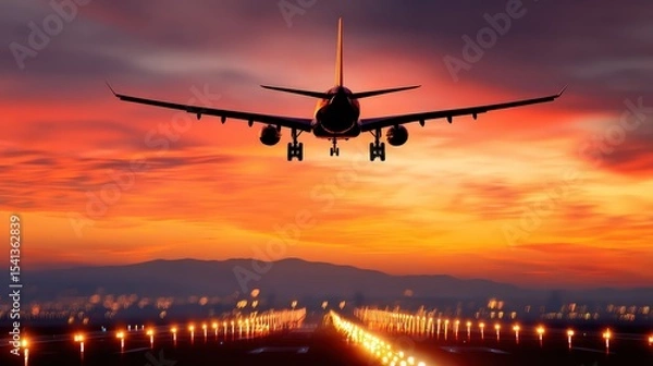 Fototapeta A commercial airplane is captured landing on a runway during a vivid sunset with mountains and glowing lights in the background.