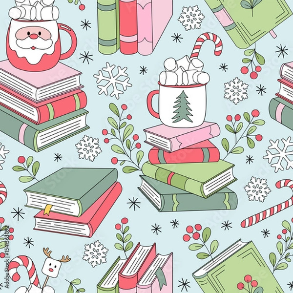 Fototapeta Cozy Christmas Stacks of Books and Festive Holiday Cups vector Seamless Pattern in Retro Pastel colours. Ideal for seasonal wrapping paper, winter stationery, fabric prints, and Xmas themed home decor