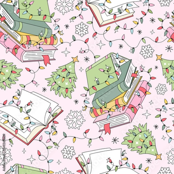 Fototapeta Cozy Christmas piles of Books, Xmas Trees, Festive Garlands vector Seamless Pattern in Retro Pastel style. Perfect for holiday wrapping paper, seasonal stationery, fabric prints, and cozy winter
