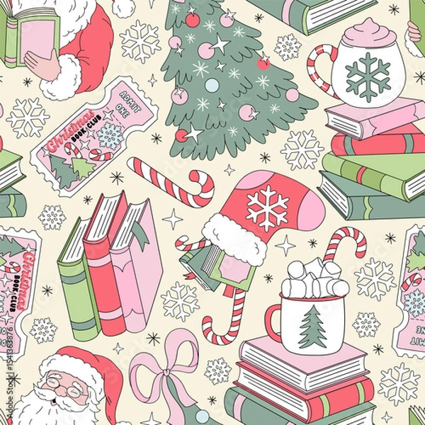 Fototapeta Retro Christmas vector Seamless Pattern with Stacks of Books, Santa Reading, and Festive Stockings on Pastel Yellow Background. Ideal for holiday gift wrap, seasonal greeting cards, fabric designs
