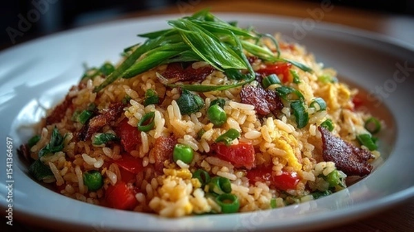 Fototapeta Delicious and colorful fried rice with bacon and fresh green onions served elegantly