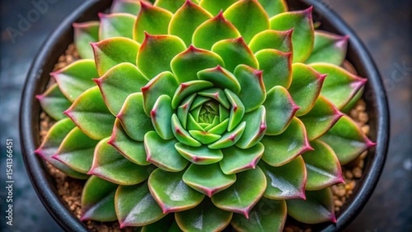 Fototapeta Close-up of a green succulent plant, perhaps a cactus or sempervivum, with intricate leaves and potential flowers, thriving in a garden setting or a pot, showcasing nature's unique flora
