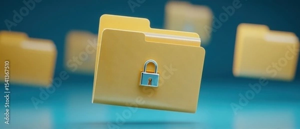 Fototapeta Yellow document folder with a padlock on a blue background multiple blurred folders visible behind the main subject