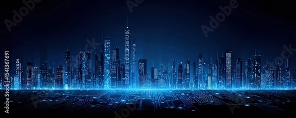 Fototapeta A futuristic digital cityscape illuminated with blue neon lights, blending advanced technology and urban architecture in a high-tech environment.