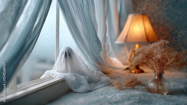 Obraz Eerie ghostly figure appearing from window home interior photography atmospheric close-up supernatural concept