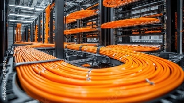 Obraz A data center with organized orange network cables running through server racks, showcasing modern infrastructure and connectivity.