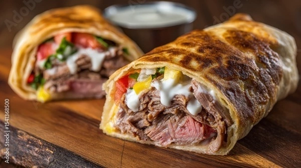 Fototapeta A close-up of a juicy steak wrap filled with vegetables, cheese, and creamy sauce on a wooden board with a small container of sauce in the background.