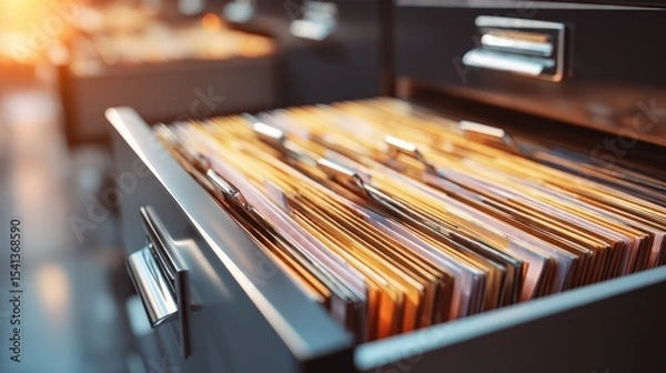 Obraz Open filing cabinet drawer filled with organized folders illuminated by warm light in an office setting.