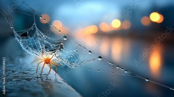 Obraz Spider's web glistening with raindrops urban environment nature photography close-up artistic concept