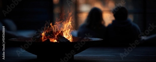 Obraz A warm fire burns in a bowl-shaped fire pit with two people sitting closely together in the background at dusk.