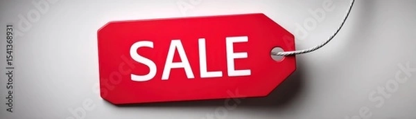 Obraz A bright red sale tag with white text hangs by a silver string on a plain gray background, symbolizing discounts and promotions.