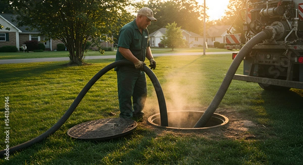 Fototapeta Septic Tank Pumping Service Manhole Work