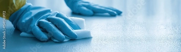 Obraz Person wearing blue gloves is cleaning a blue surface with a white cloth, focusing on hygiene and sanitation.