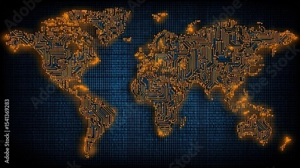 Obraz A digital world map composed of glowing orange circuit board patterns on a dark blue background, symbolizing global technology and connectivity.