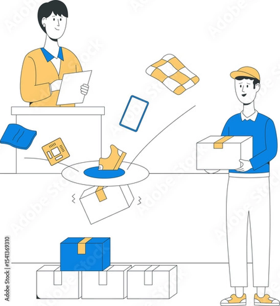 Fototapeta Supply chain harmony shows two individuals managing inventory and handling packages, featuring various items in a streamlined logistics process