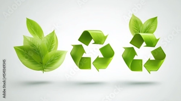 Obraz Three green recycle symbols combined with fresh green leaves, symbolizing eco-friendly recycling and environmental sustainability.