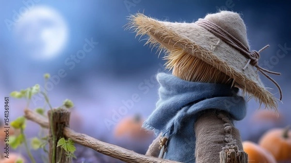 Obraz Scarecrow watching over pumpkin field under moonlight rural setting photography serene atmosphere side view autumn magic