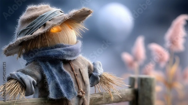 Obraz Scarecrow watching over fields at night fantasy scene autumn atmosphere dark environment enigmatic concept