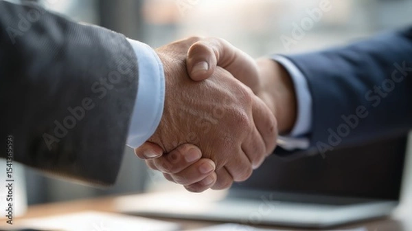 Obraz Two people in business suits shaking hands in a professional setting, symbolizing agreement or partnership.