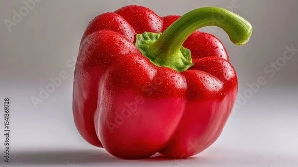 Obraz A fresh, red bell pepper with a green stem, glistening with water droplets on a plain gray background.