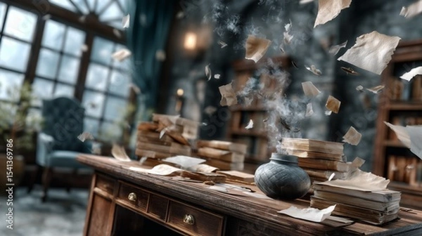 Obraz Mystical bookstore chaos enchanted library digital art fantasy realm dramatic angle imagination unleashed