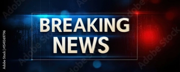 Obraz Bold "Breaking News" text illuminated with blue and red lights against a dark background, conveying urgency and importance.